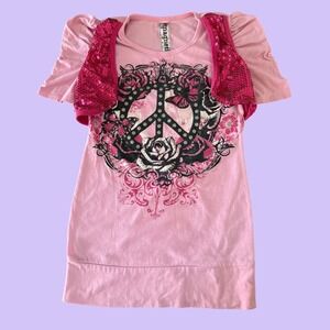 Y2K Magnetic Peace Sign Rose Graphic Tunic Top Sequin Shrug Scene #18